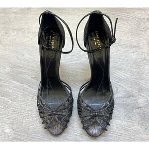KATE SPADE Sz 10 Black Leather Strappy Heels Cage Peep Toe Ankle Strap Shoes
